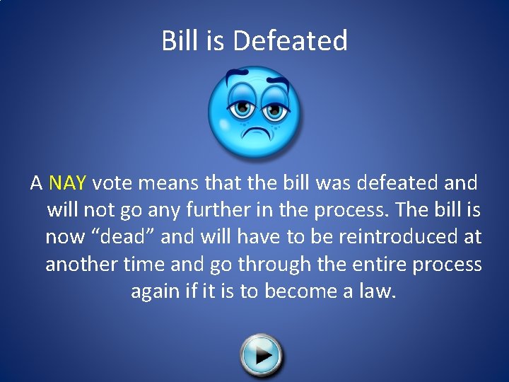 Bill is Defeated A NAY vote means that the bill was defeated and will