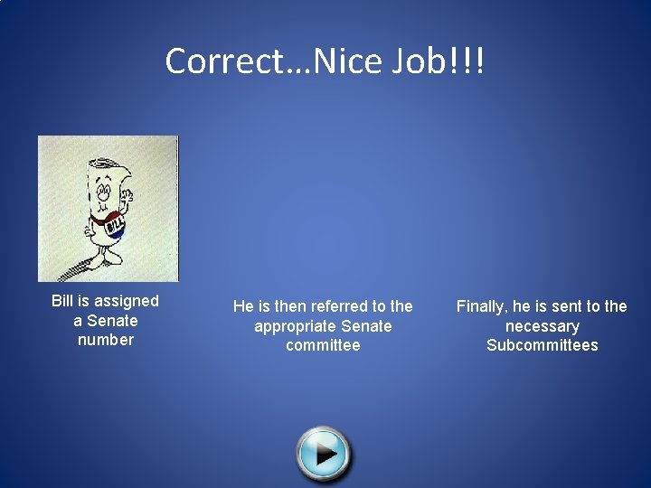 Correct…Nice Job!!! Bill is assigned a Senate number He is then referred to the