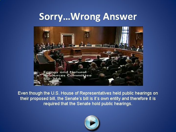 Sorry…Wrong Answer Even though the U. S. House of Representatives held public hearings on