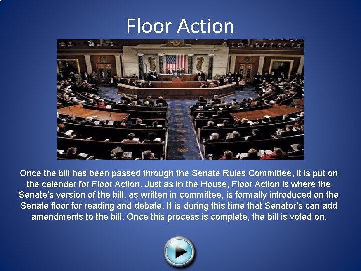 Floor Action Once the bill has been passed through the Senate Rules Committee, it