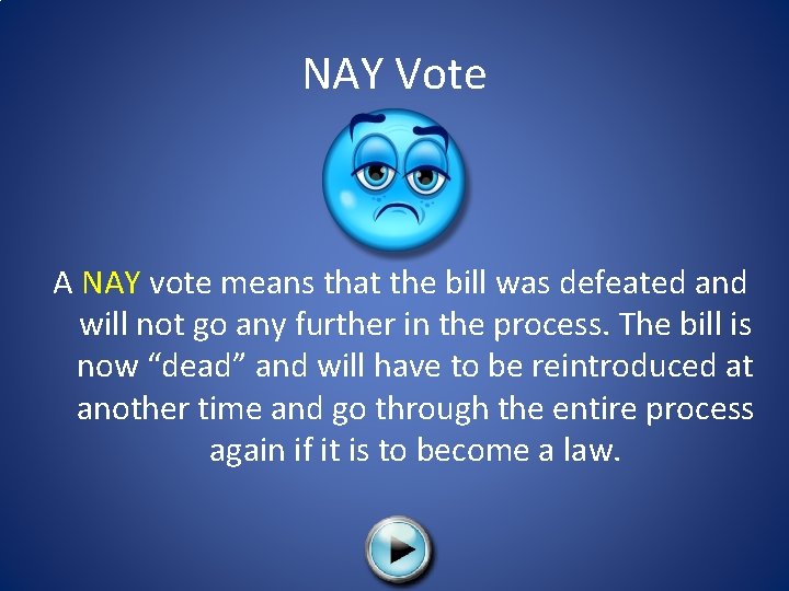 NAY Vote A NAY vote means that the bill was defeated and will not