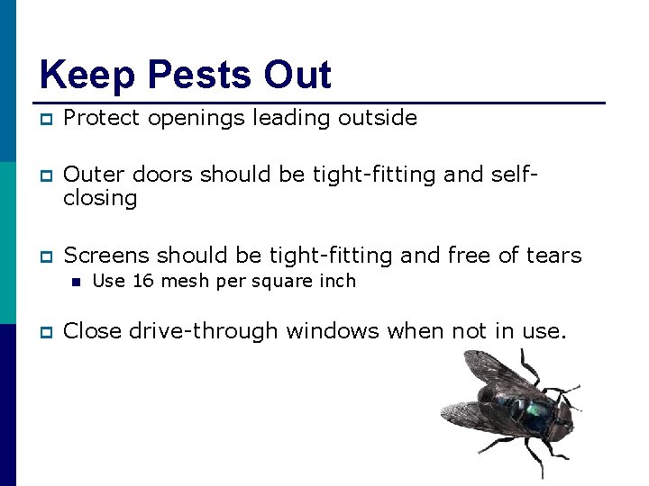 Keep Pests Out p Protect openings leading outside p Outer doors should be tight-fitting