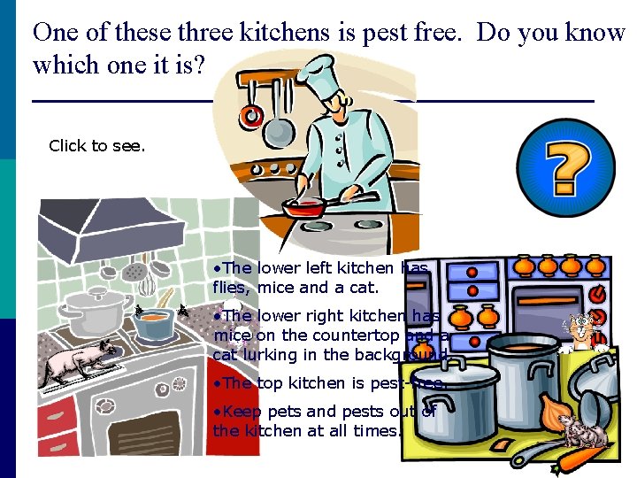 One of these three kitchens is pest free. Do you know which one it