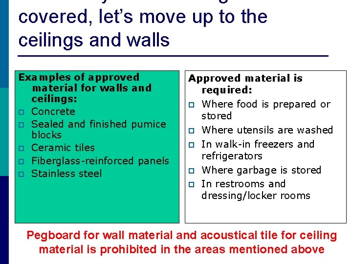 covered, let’s move up to the ceilings and walls Examples of approved material for