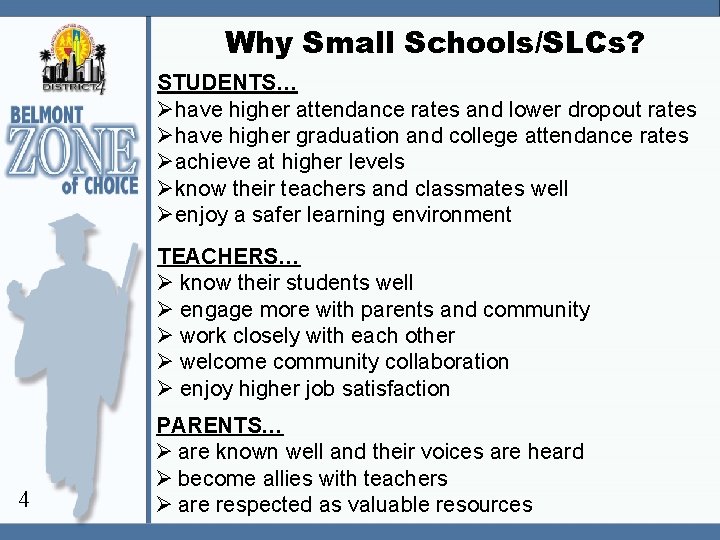 Why Small Schools/SLCs? STUDENTS… Øhave higher attendance rates and lower dropout rates Øhave higher