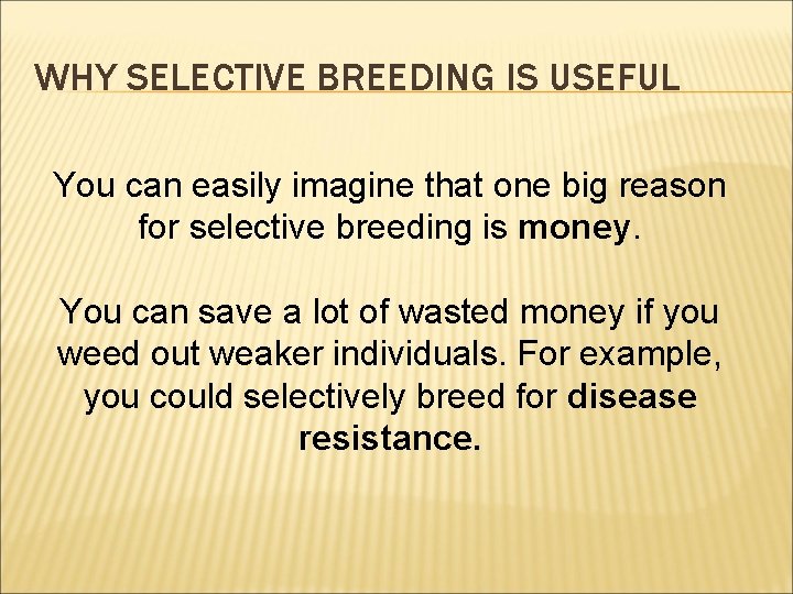 WHY SELECTIVE BREEDING IS USEFUL You can easily imagine that one big reason for