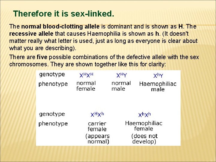 Therefore it is sex-linked. The normal blood-clotting allele is dominant and is shown as