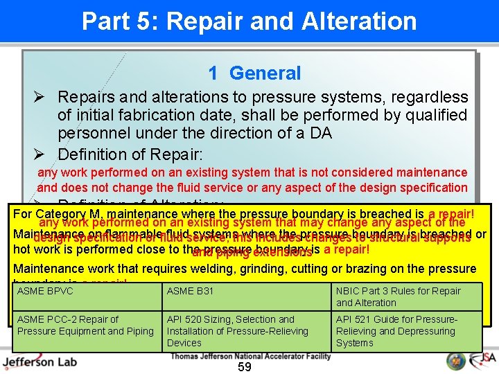 Part 5: Repair and Alteration 1 General Ø Repairs and alterations to pressure systems,