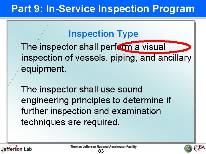 Part 9: In-Service Inspection Program Inspection Type The inspector shall perform a visual inspection