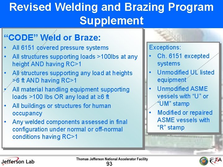 Revised Welding and Brazing Program Supplement “CODE” Weld or Braze: • All 6151 covered