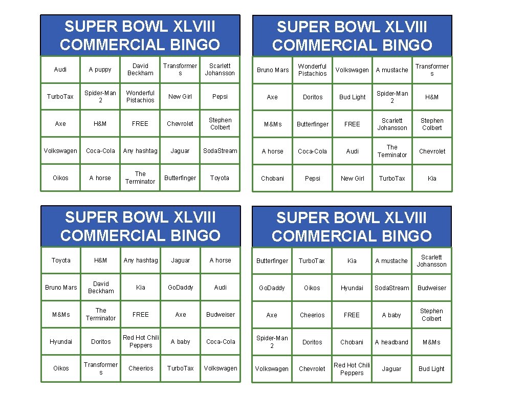 SUPER BOWL XLVIII COMMERCIAL BINGO Audi A puppy David Beckham Transformer s Scarlett Johansson