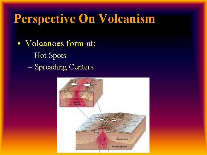 Perspective On Volcanism • Volcanoes form at: – Hot Spots – Spreading Centers 