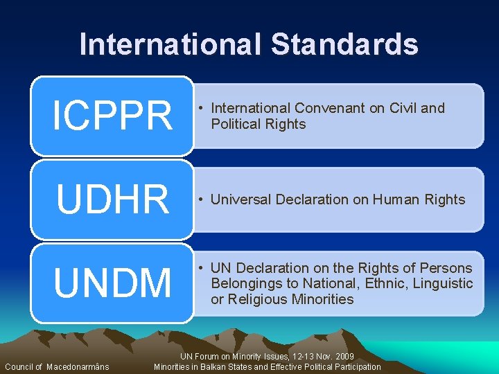 International Standards ICPPR • International Convenant on Civil and Political Rights UDHR • Universal