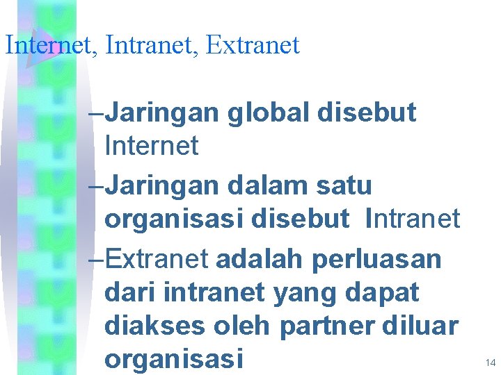 Internet, Intranet, Extranet –Jaringan global disebut Internet –Jaringan dalam satu organisasi disebut Intranet –Extranet