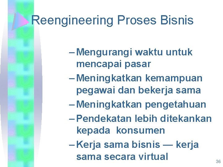 Reengineering Proses Bisnis – Mengurangi waktu untuk mencapai pasar – Meningkatkan kemampuan pegawai dan
