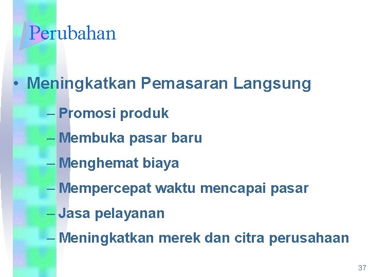 Perubahan • Meningkatkan Pemasaran Langsung – Promosi produk – Membuka pasar baru – Menghemat