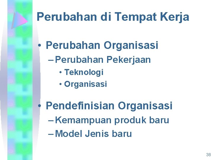 Perubahan di Tempat Kerja • Perubahan Organisasi – Perubahan Pekerjaan • Teknologi • Organisasi