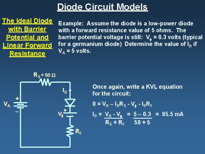 Diode Circuit Models The Ideal Diode with Barrier Potential and Linear Forward Resistance Example: