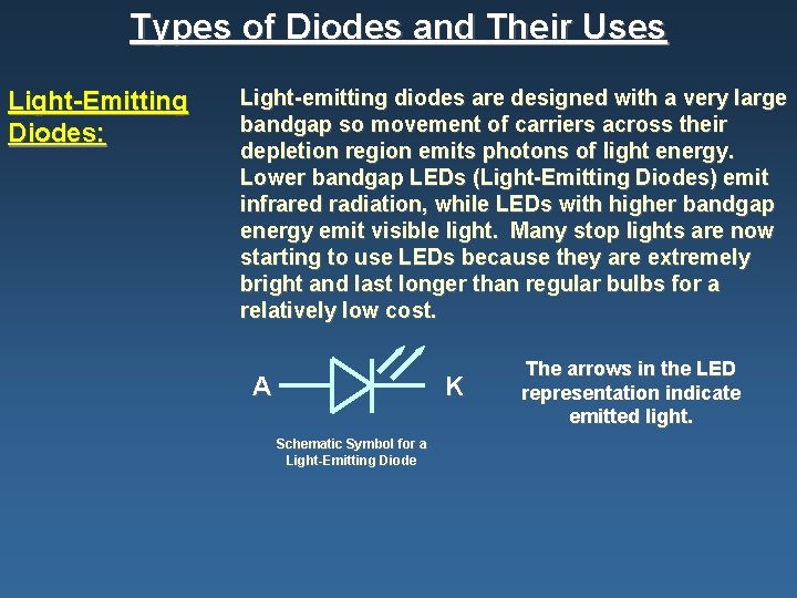 Types of Diodes and Their Uses Light-Emitting Diodes: Light-emitting diodes are designed with a