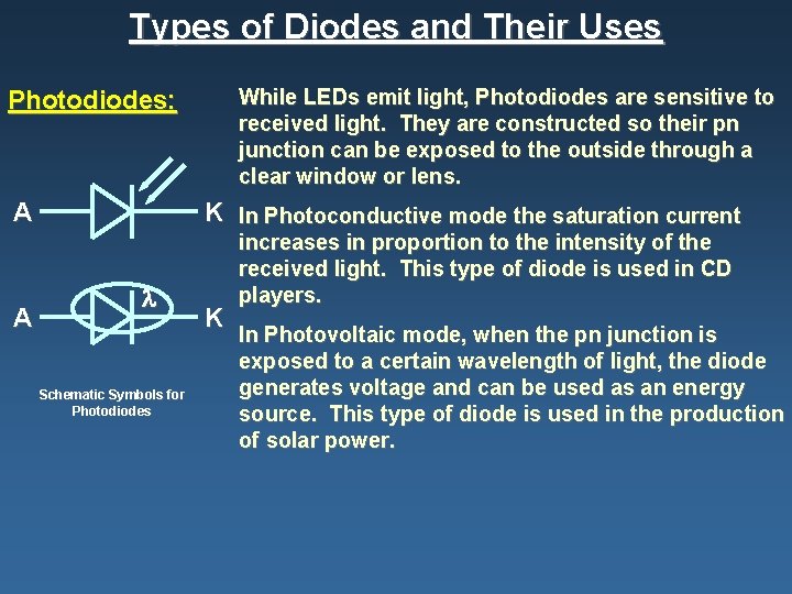 Types of Diodes and Their Uses While LEDs emit light, Photodiodes are sensitive to