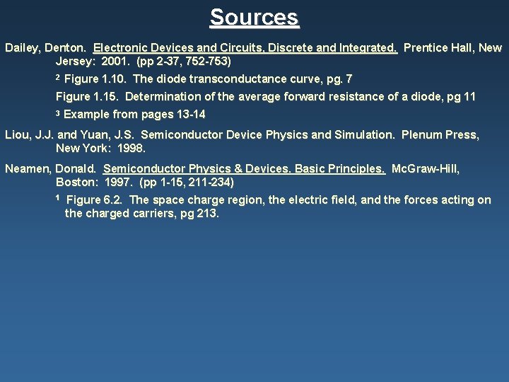 Sources Dailey, Denton. Electronic Devices and Circuits, Discrete and Integrated. Prentice Hall, New Jersey: