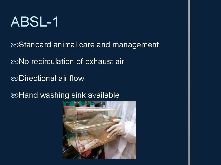 ABSL-1 Standard animal care and management No recirculation of exhaust air Directional air flow