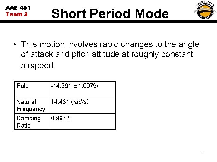 AAE 451 Team 3 Short Period Mode • This motion involves rapid changes to