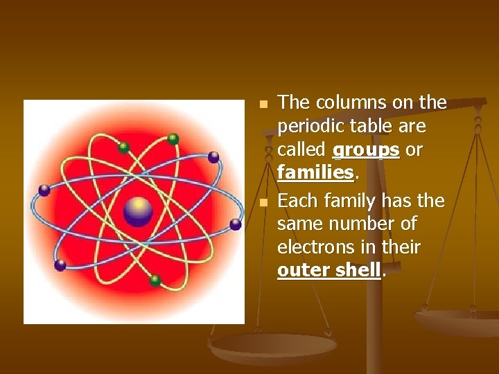 n n The columns on the periodic table are called groups or families. Each