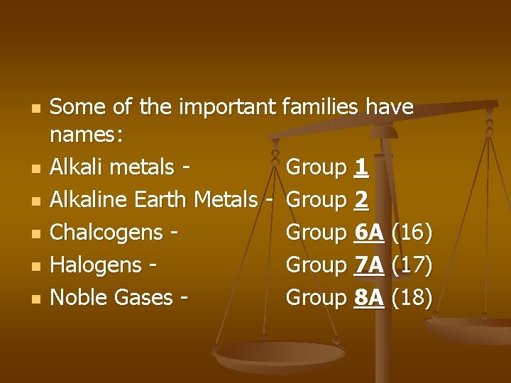 n n n Some of the important families have names: Alkali metals Group 1