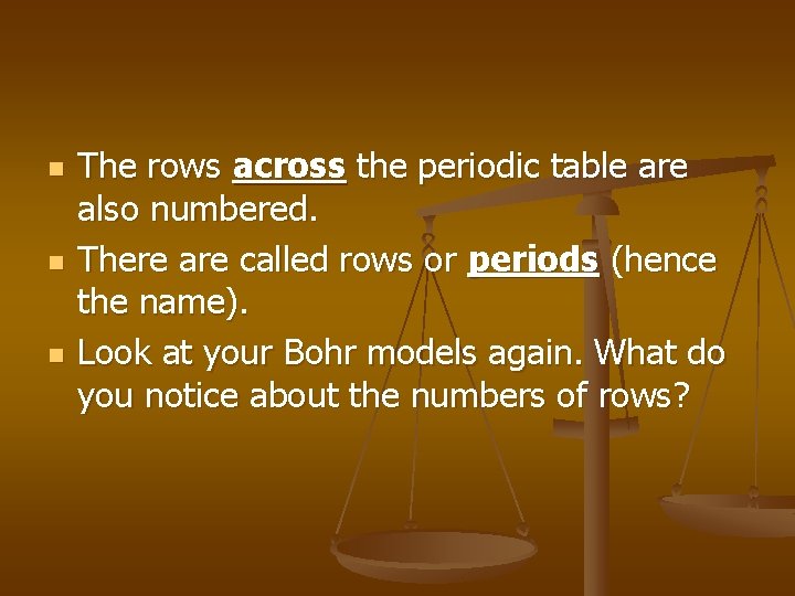 n n n The rows across the periodic table are also numbered. There are