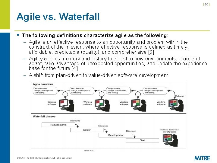 | 20 | Agile vs. Waterfall § The following definitions characterize agile as the | 20 | Agile vs. Waterfall § The following definitions characterize agile as the
