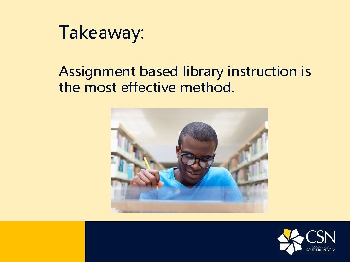 Takeaway: Assignment based library instruction is the most effective method. 