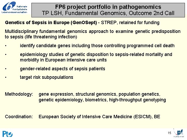 Nationale Kontaktstelle Lebenswissenschaften FP 6 project portfolio in pathogenomics TP LSH, Fundamental Genomics, Outcome