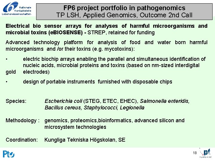 Nationale Kontaktstelle Lebenswissenschaften FP 6 project portfolio in pathogenomics TP LSH, Applied Genomics, Outcome