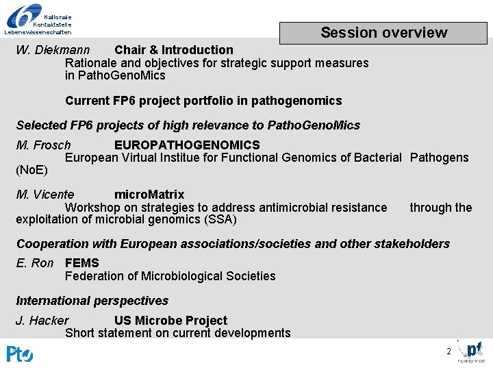 Nationale Kontaktstelle Lebenswissenschaften Session overview W. Diekmann Chair & Introduction Rationale and objectives for