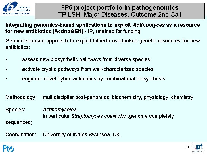 Nationale Kontaktstelle Lebenswissenschaften FP 6 project portfolio in pathogenomics TP LSH, Major Diseases, Outcome