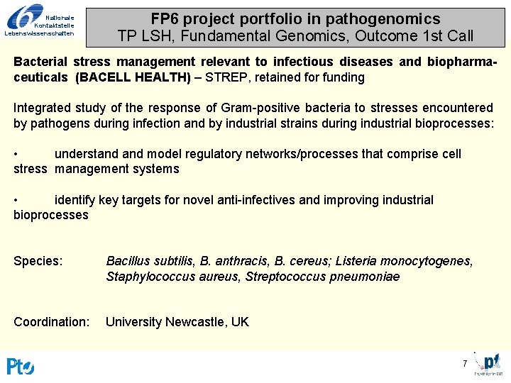 Nationale Kontaktstelle Lebenswissenschaften FP 6 project portfolio in pathogenomics TP LSH, Fundamental Genomics, Outcome