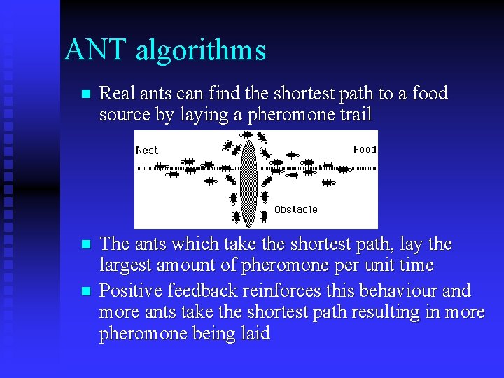 ANT algorithms n Real ants can find the shortest path to a food source