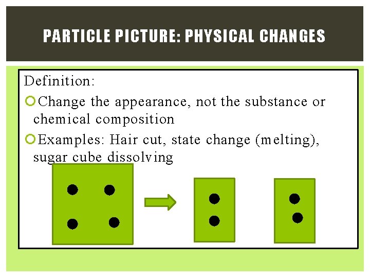 PARTICLE PICTURE: PHYSICAL CHANGES Definition: Change the appearance, not the substance or chemical composition PARTICLE PICTURE: PHYSICAL CHANGES Definition: Change the appearance, not the substance or chemical composition