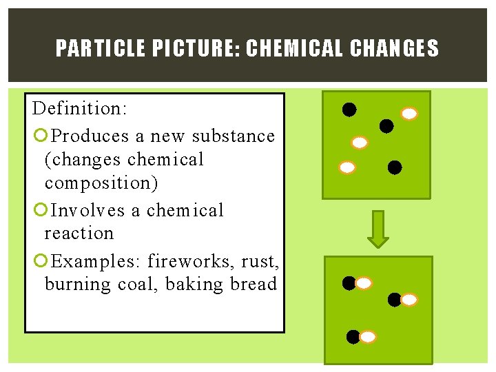 PARTICLE PICTURE: CHEMICAL CHANGES Definition: Produces a new substance (changes chemical composition) Involves a PARTICLE PICTURE: CHEMICAL CHANGES Definition: Produces a new substance (changes chemical composition) Involves a