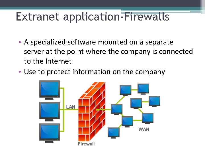 Extranet application-Firewalls • A specialized software mounted on a separate server at the point
