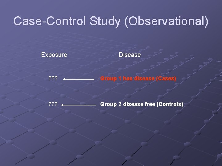 Case-Control Study (Observational) Exposure Disease ? ? ? Group 1 has disease (Cases) ?