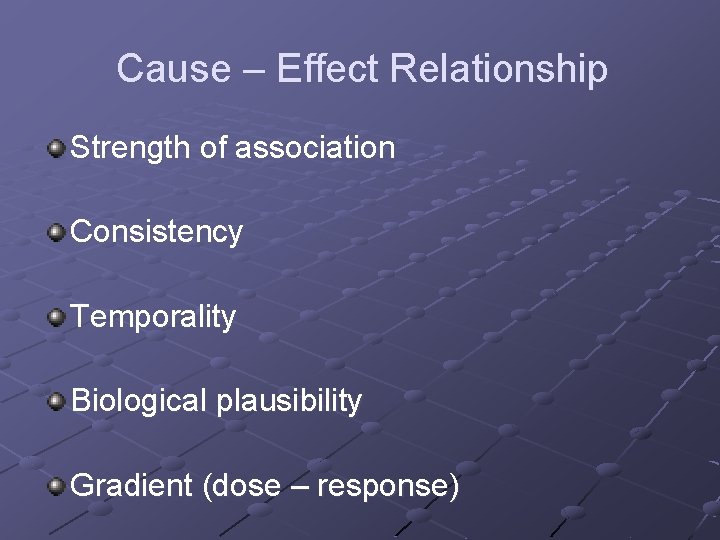Cause – Effect Relationship Strength of association Consistency Temporality Biological plausibility Gradient (dose –