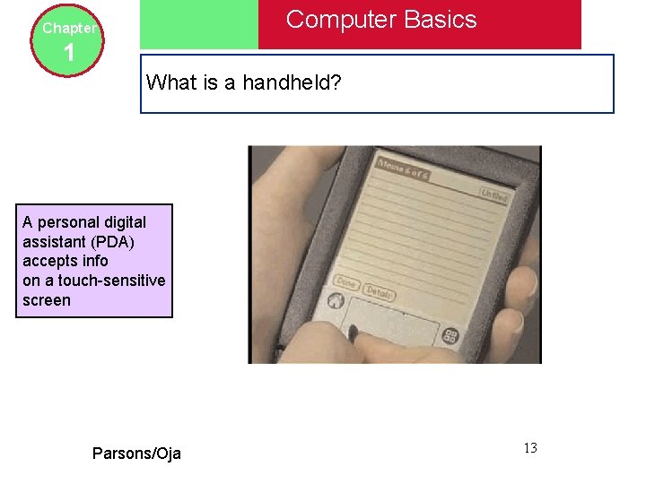 Computer Basics Chapter 1 What is a handheld? A personal digital assistant (PDA) accepts