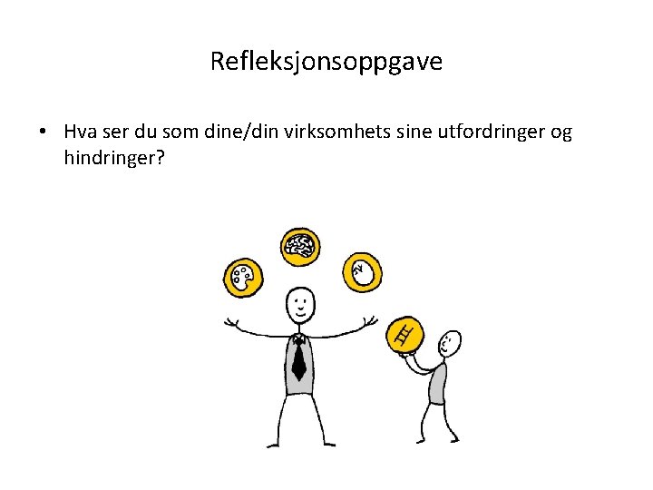 Refleksjonsoppgave • Hva ser du som dine/din virksomhets sine utfordringer og hindringer? 