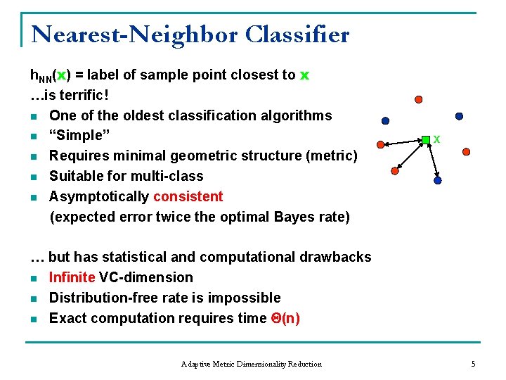 Nearest-Neighbor Classifier h. NN(x) = label of sample point closest to x …is terrific!