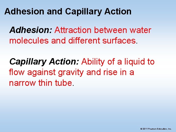 Adhesion and Capillary Action Adhesion: Attraction between water molecules and different surfaces. Capillary Action: