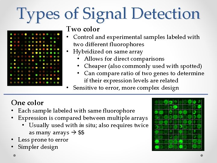 Types of Signal Detection Two color • Control and experimental samples labeled with two