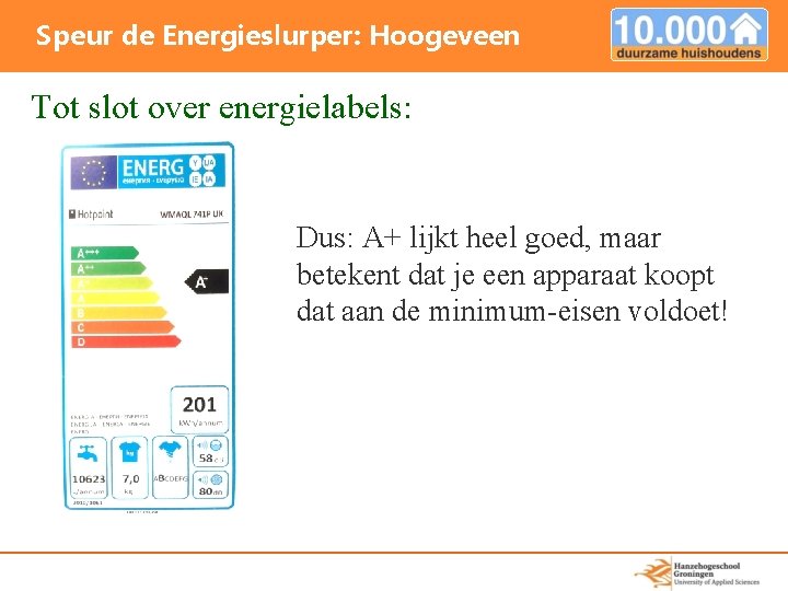 Speur de Energieslurper: Hoogeveen Tot slot over energielabels: Dus: A+ lijkt heel goed, maar