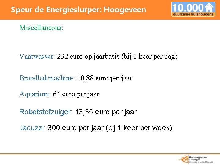 Speur de Energieslurper: Hoogeveen Miscellaneous: Vaatwasser: 232 euro op jaarbasis (bij 1 keer per